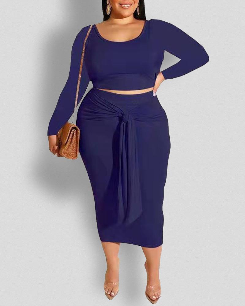 

Plus Size Long Sleeve Crop Top & Tie Front Skirt Set, Blue