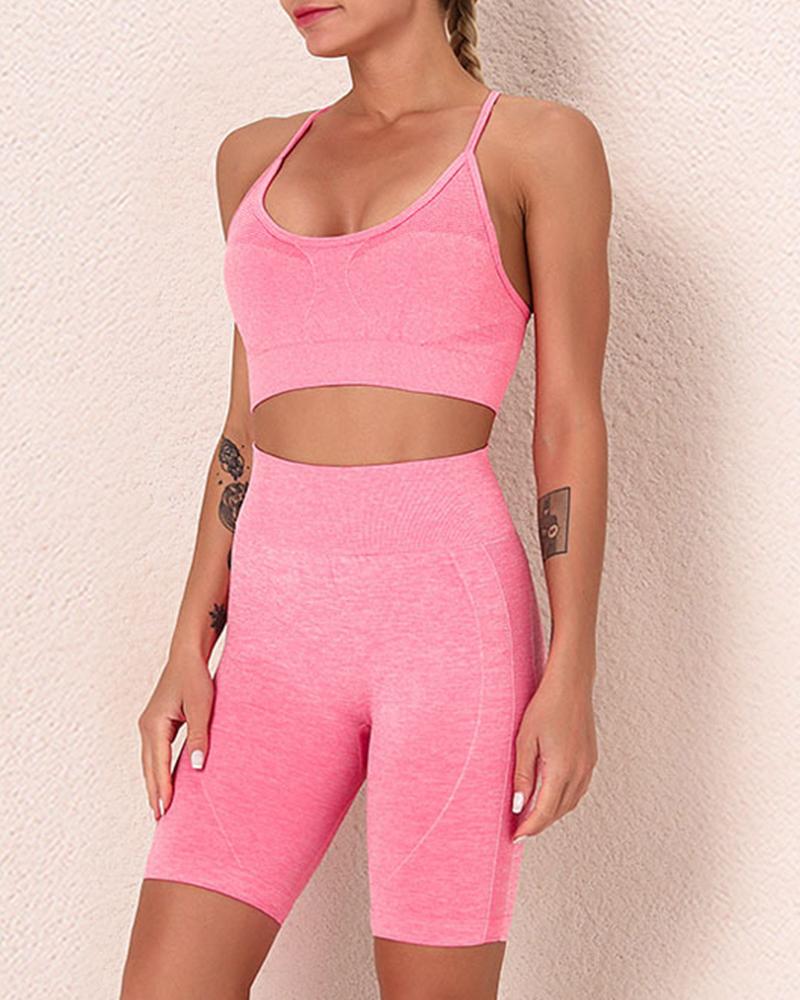 

Solid Color Back Cross Strap Sling Top And Short Pant Active Sets, Red