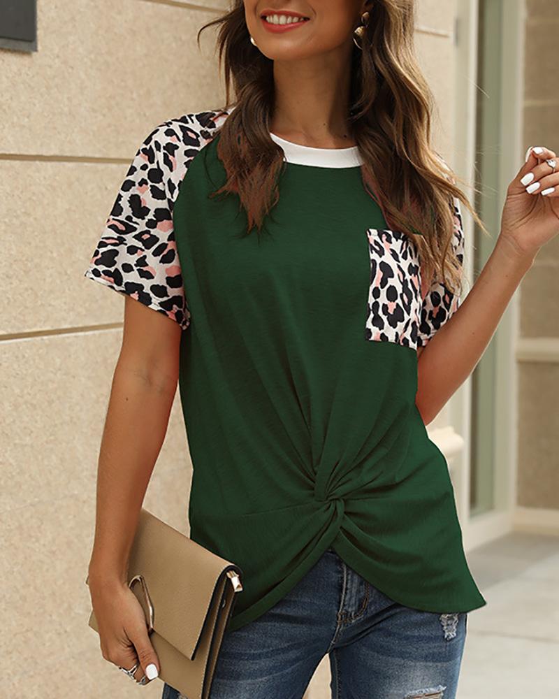 

Leopard Print Casual Twisted T-shirt, Green