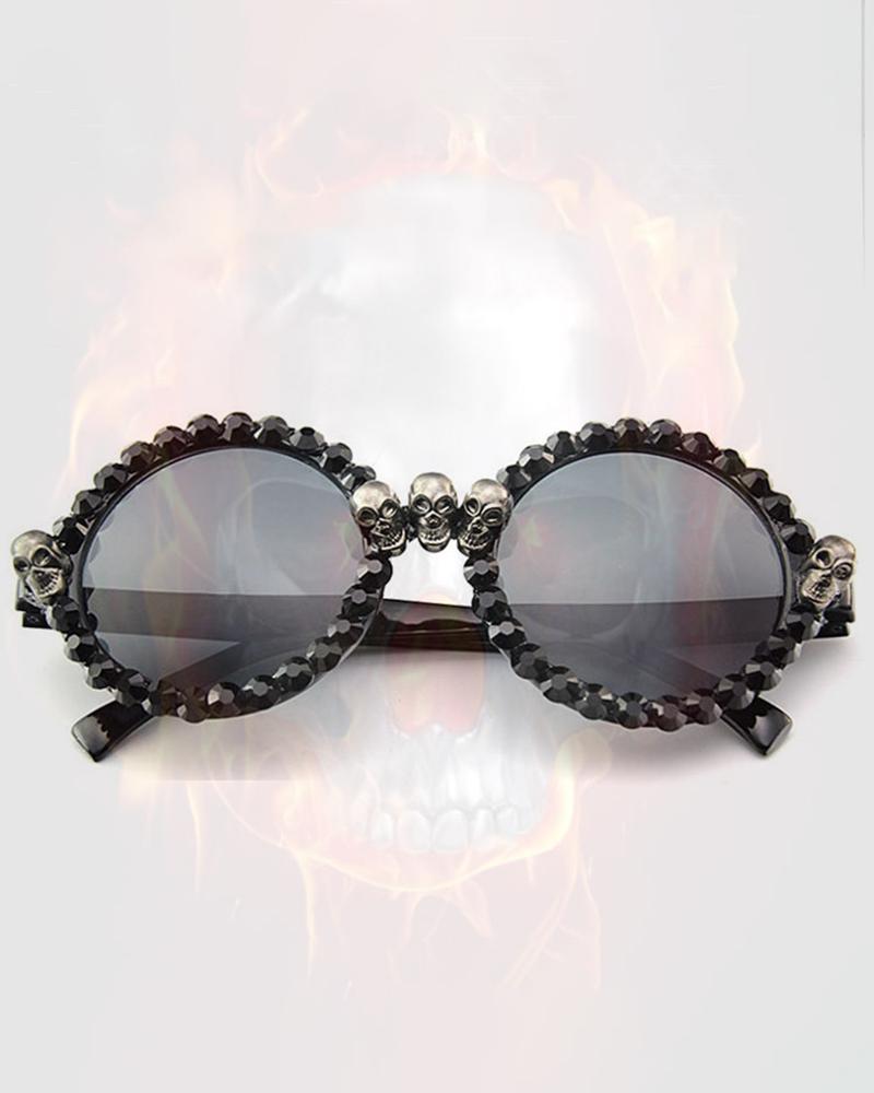 

1Pair Halloween Skull Rhinestone Decor Round-Shaped Party Sunglasses, Black