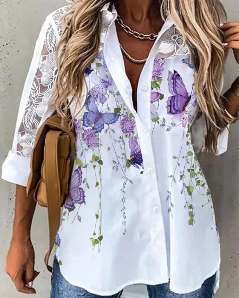 

Butterfly Floral Print Contrast Lace Shirt, White