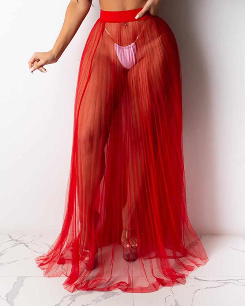 

High Waist Sheer Mesh Pleated Maxi Skirt, Red