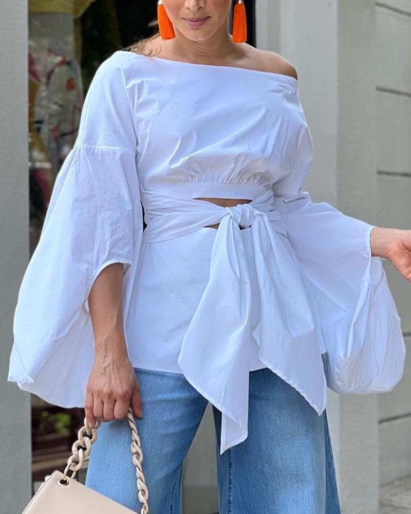 

Off Shoulder Lantern Sleeve Tied Detail Top, White