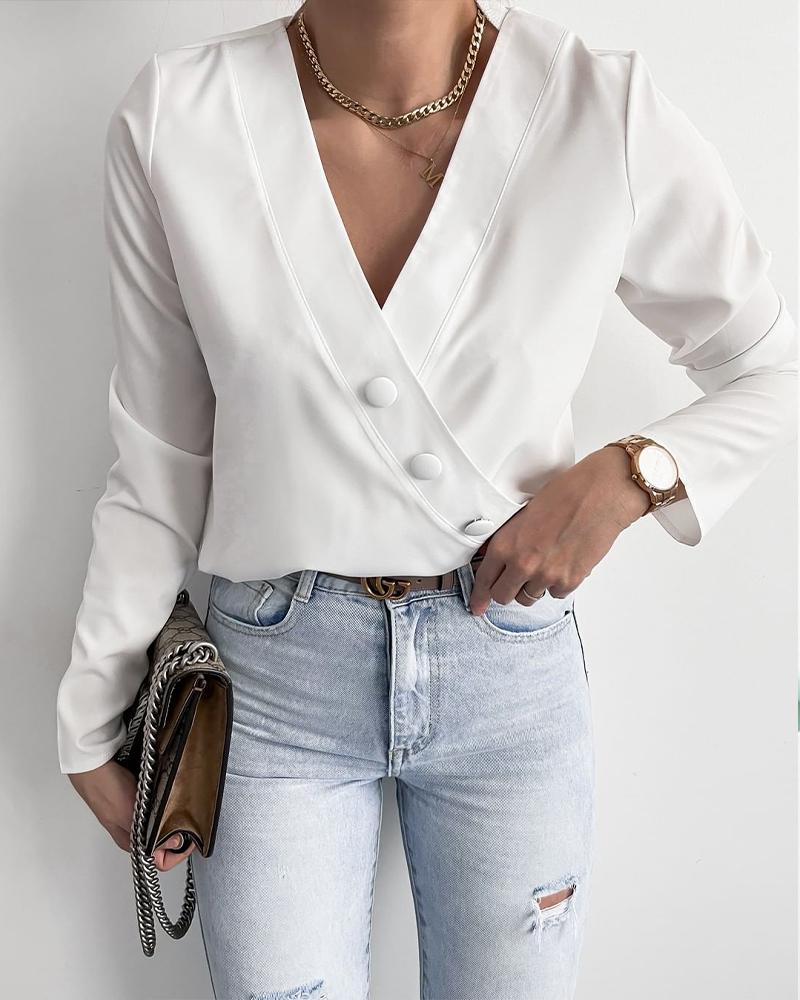 

Long Sleeve Button Decor Wrap Top, White