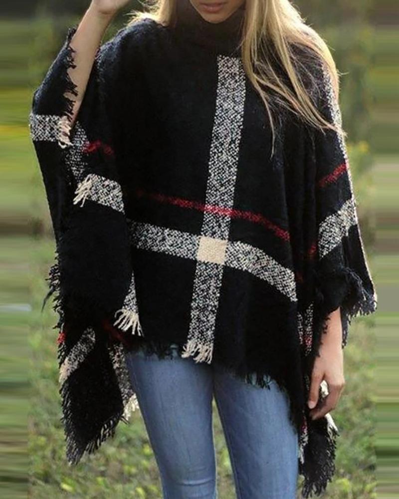 

Colorblock Tassel Design Cape Sleeve Knit Sweater, Black