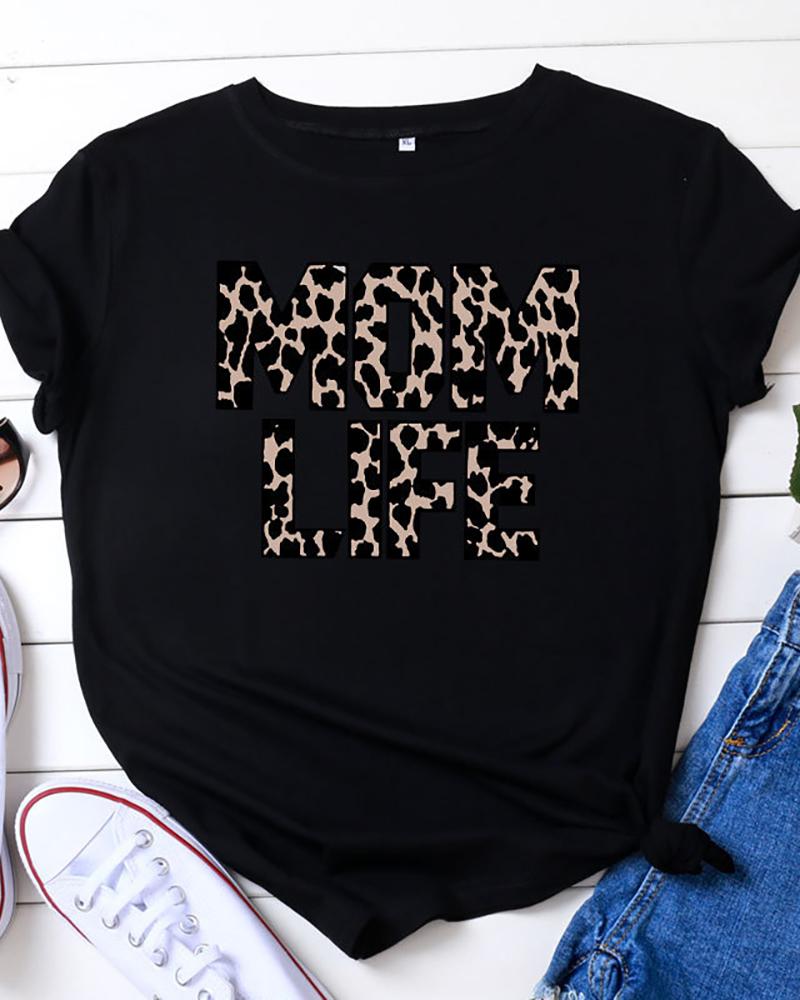 

Letter Cheetah Print Short Sleeve T-shirt, Black