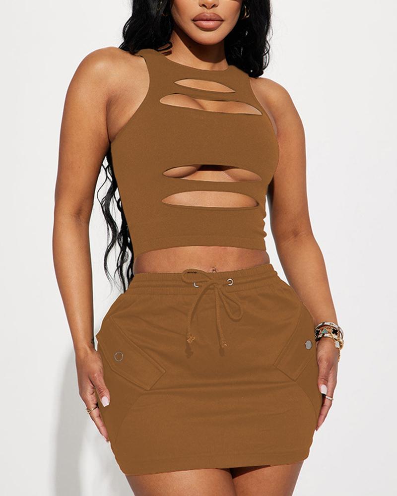 

Ladder Cutout Tank Top & Drawstring Skirt Set, Coffee