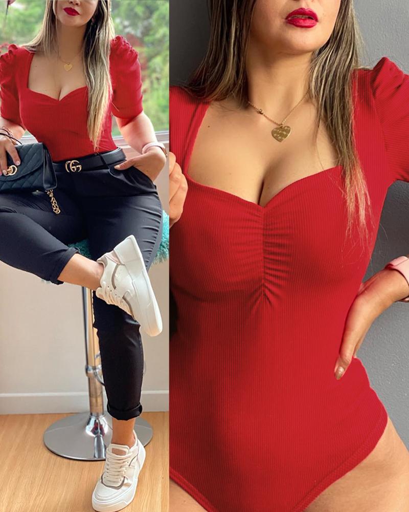 

Asymmetrical Neck Puff Sleeve Ruched Bodysuit, Red