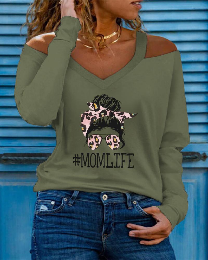 

Mother's Day Gift Cold Shoulder Letter Print Long Sleeve Top, Army green