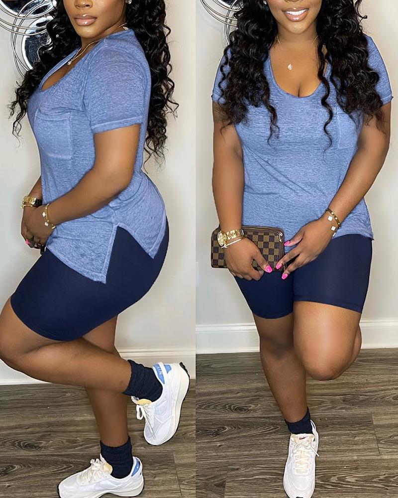 

Pocket Design Slit Top & Shorts Set, Blue