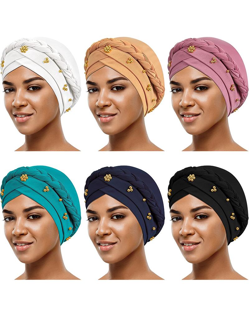 

Studded Headwrap Braided Turban Cap Beaded Beanie Hat, Purplish blue