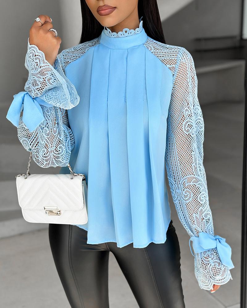 

Contrast Lace Tied Detail Ruched Top, Blue