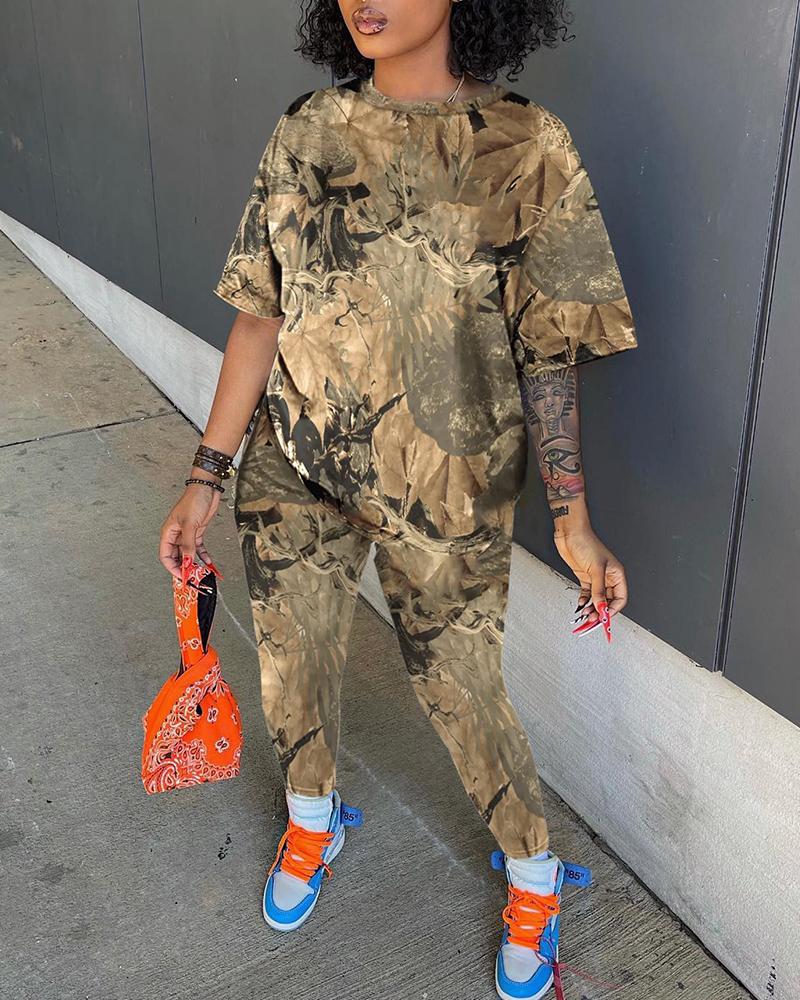 

Camouflage Print T-shirt & High Waist Pants Set, Yellow