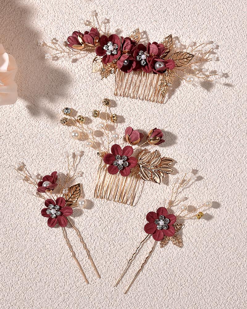 

4pcs Wedding Bridal Hair Comb Clips Leaf Pearl Hairpins Crystal Floral Jewelry Headpieces Set, Red