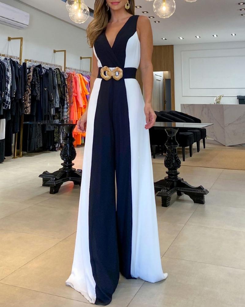

Colorblock Sleeveless Wide Leg Jumpsuit Without Belt, Black