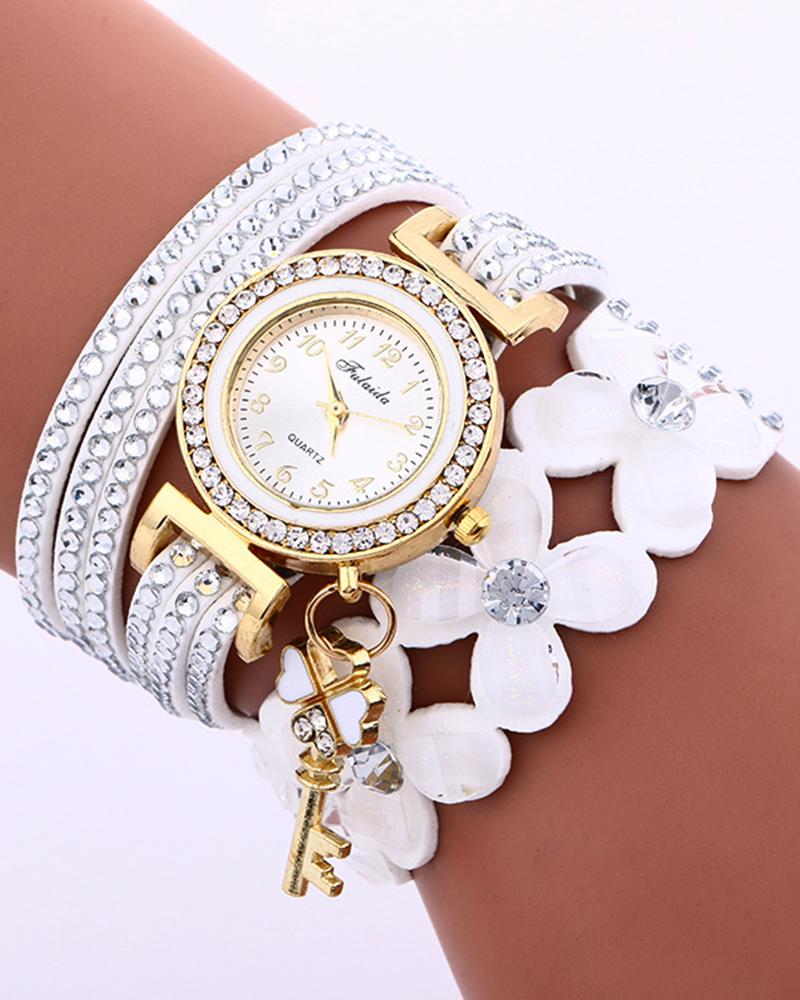 

1pc Rhinestone Floral Pattern Key Pendent Bangle Quartz Watch, White
