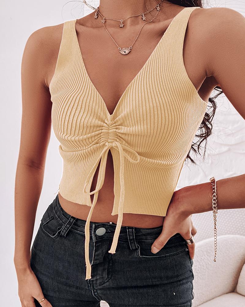 

Drawstring Sleeveless Knit Crop Tank Sweater, Apricot