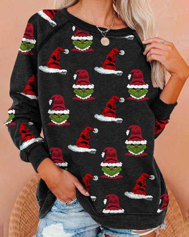 

Christmas Grinches Print Long Sleeve Casual Top, Gray