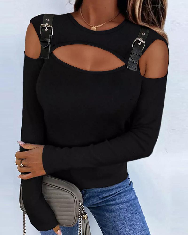 

Buckle Decor Cutout Cold Shoulder Top, Black