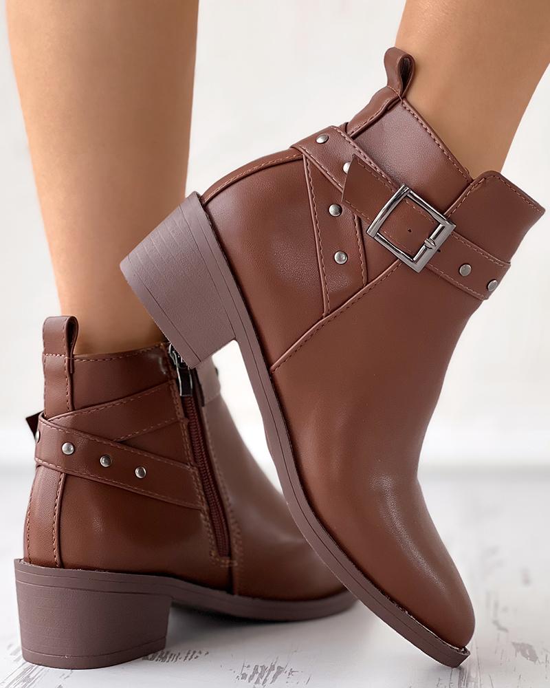 

Studded Chunky Heel Buckled Ankle Boots, Coffee