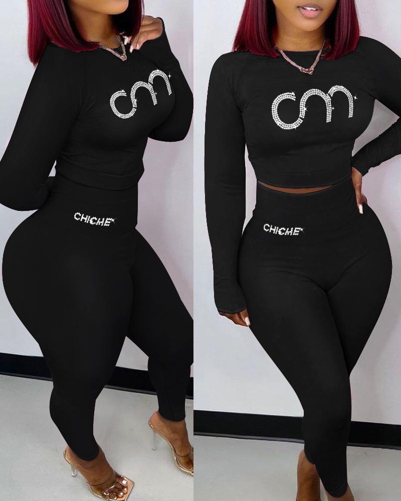 

ChicMe Rhinestone Letter Crop Top & High Waist Pants Set, Black