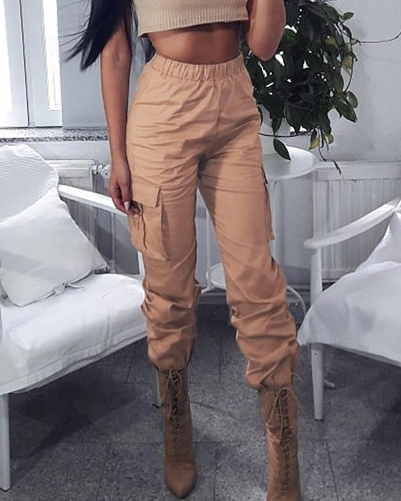 

Pocket Design Solid High Waist Cargo Pants, Khaki