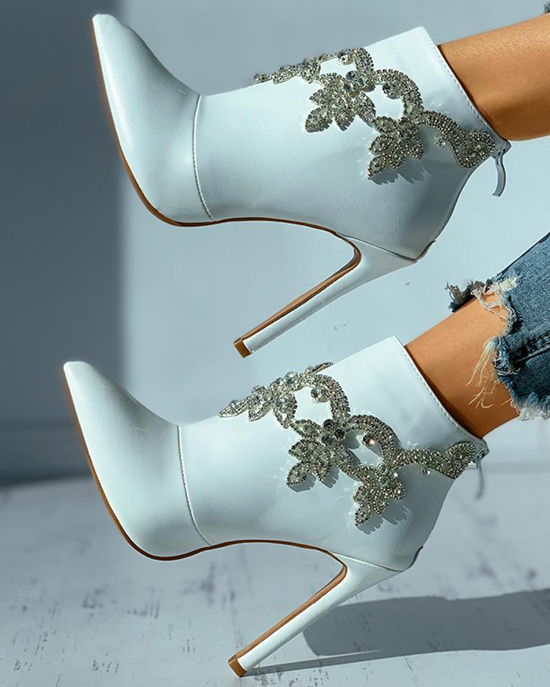 

Studded Pointed Toe Stiletto Heel Boots, White