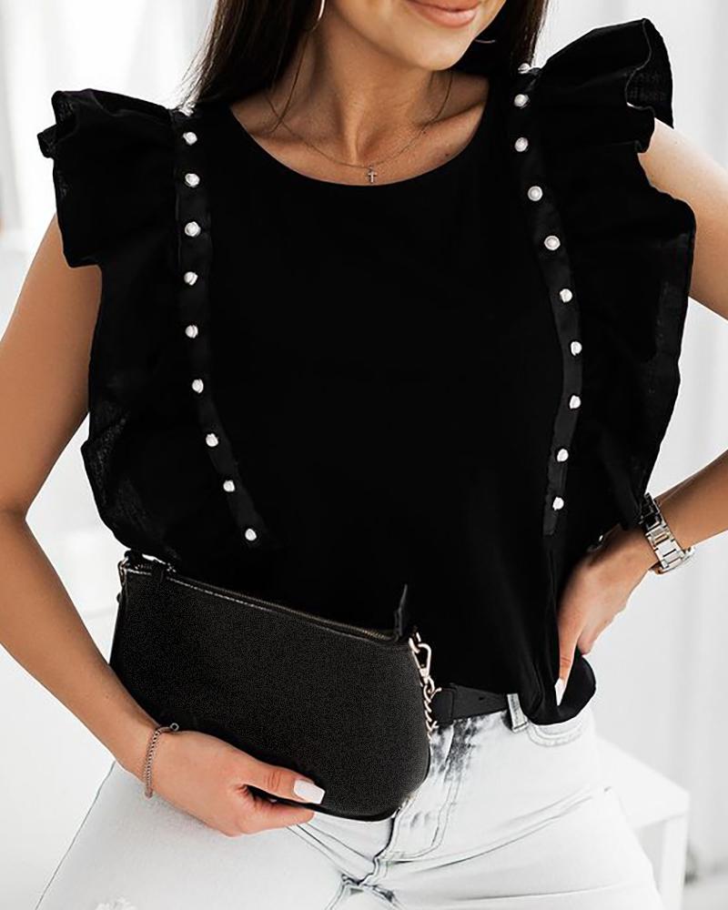 

Ruffle Hem Rivet Decor Causal Top, Black
