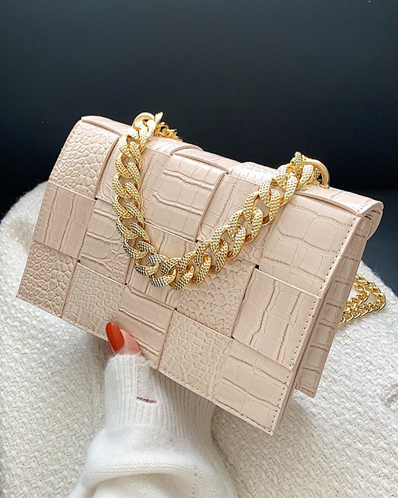 

Crocodile Braided Chain Strap Crossbody Handbag, Beige