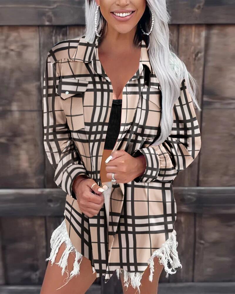 

Plaid Print Long Sleeve Buttoned Shirt, Khaki