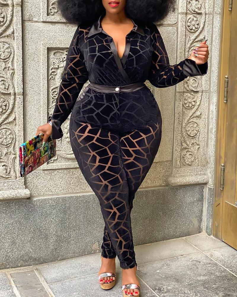 

Sheer Mesh Long Sleeve Top & Pants Set, Black