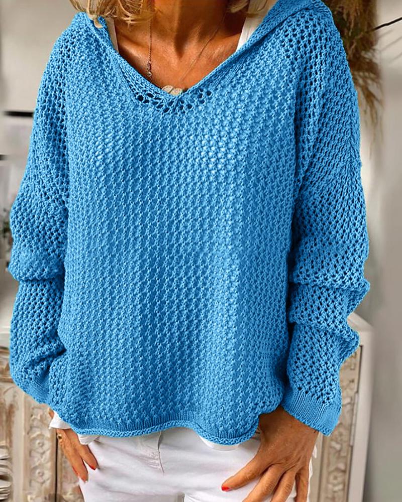 

Knit Hollow Out Long Sleeve Hooded Sweater, Blue