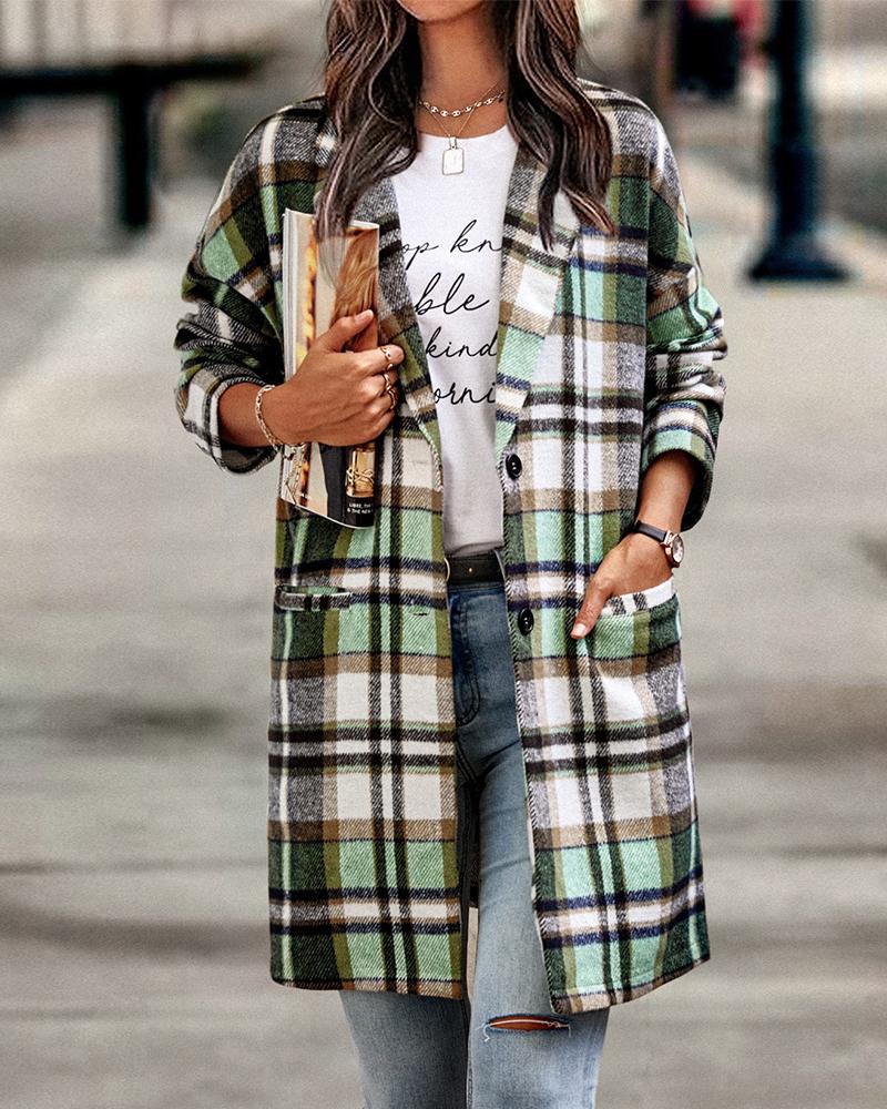 

Plaid Print Pocket Detail Long Sleeve Coat, Green