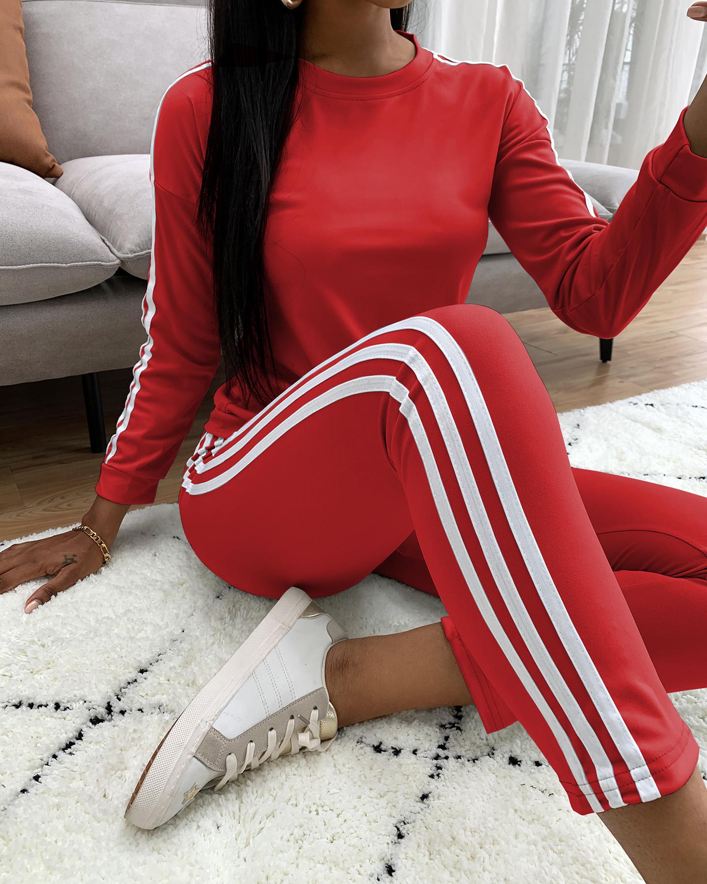 

Striped Tape Long Sleeve Top & Pants Set, Red