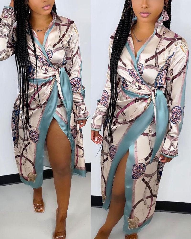 

Baroque Print Wrap Tie Side Shirt Dress, Apricot