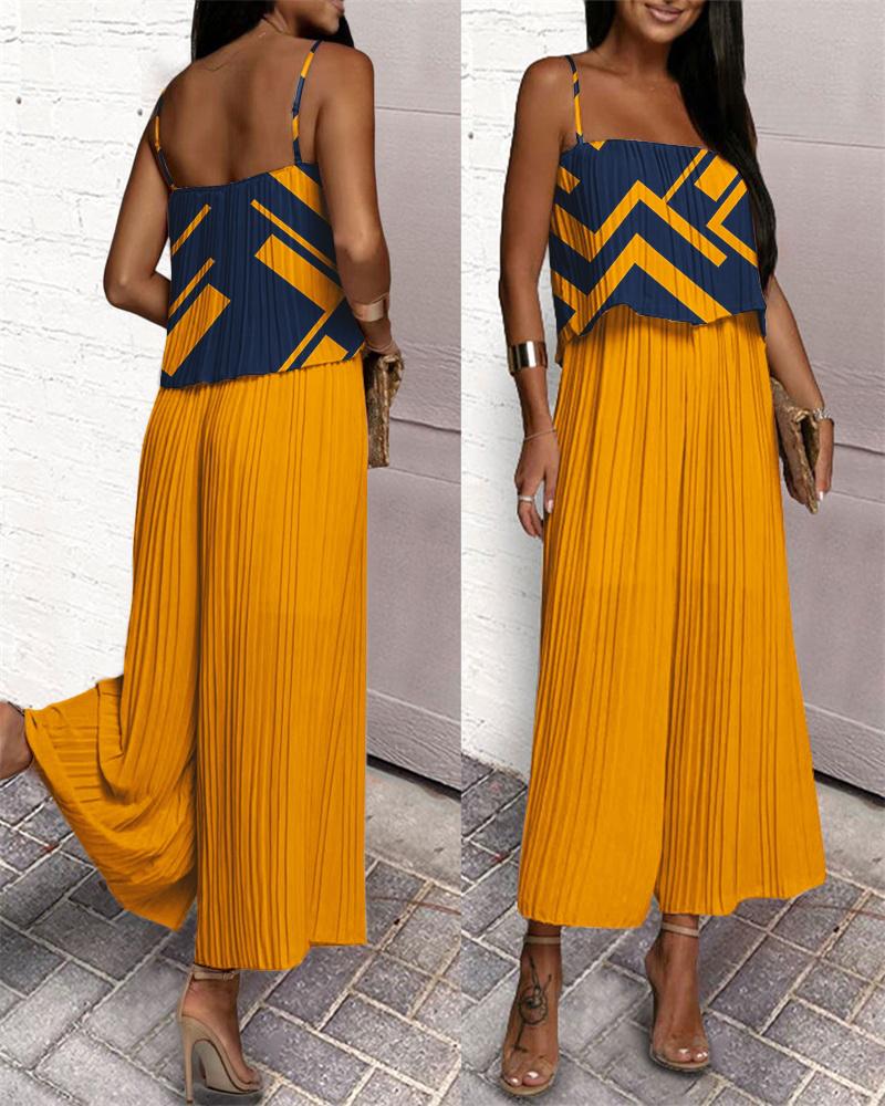 

Geo Print Ruffle Hem Pleated Wide Leg Jumpsuit, Yellow