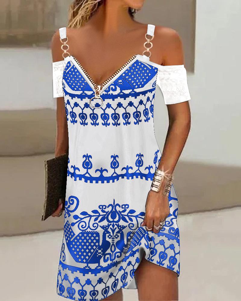 

Tribal Print Contrast Lace Cold Shoulder Casual Dress, White