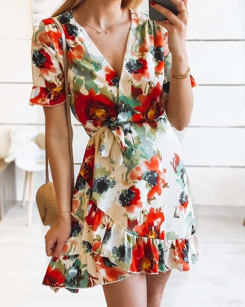 

Floral Print Ruffles Bell Sleeve Wrap Dress, Yellow