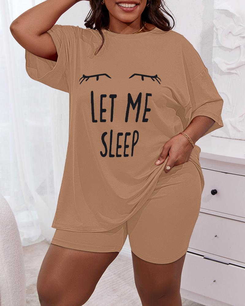 

Plus Size Let Me Sleep Figure Print Pajamas Set, Khaki