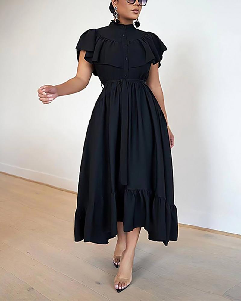 

Ruffle Hem Buttoned Shirt Dress, Black