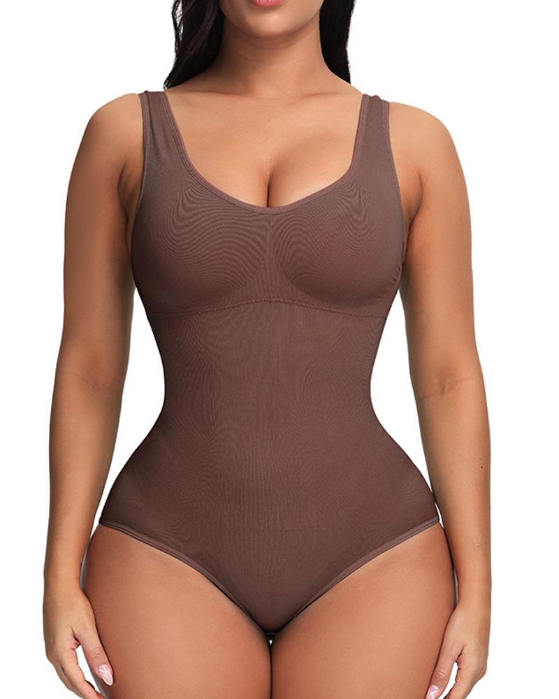 

U-Neck Skinny Waist Sleeveless Bodysuit, Coffee