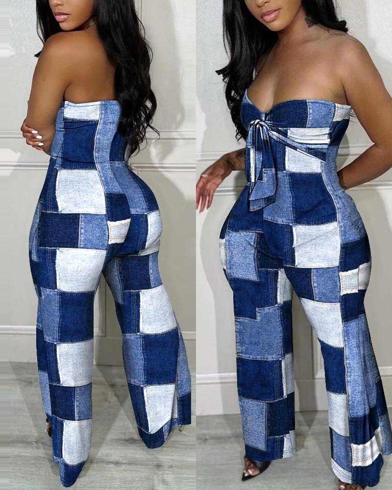 

Denim Look Print Bandeau Tied Detail Jumpsuit, Blue
