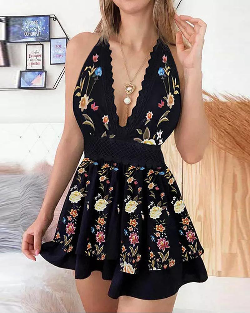 

Floral Print Backless Layered Mini Dress, Black