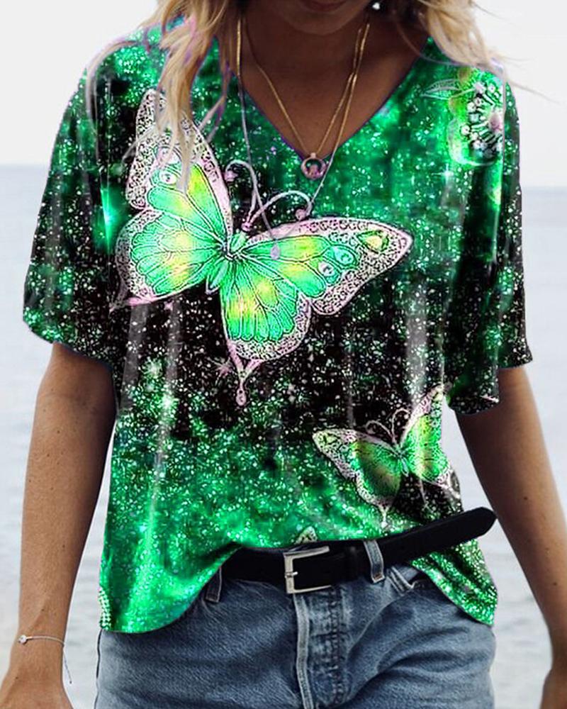 

Butterflies Print Short Sleeve T-shirt, Green