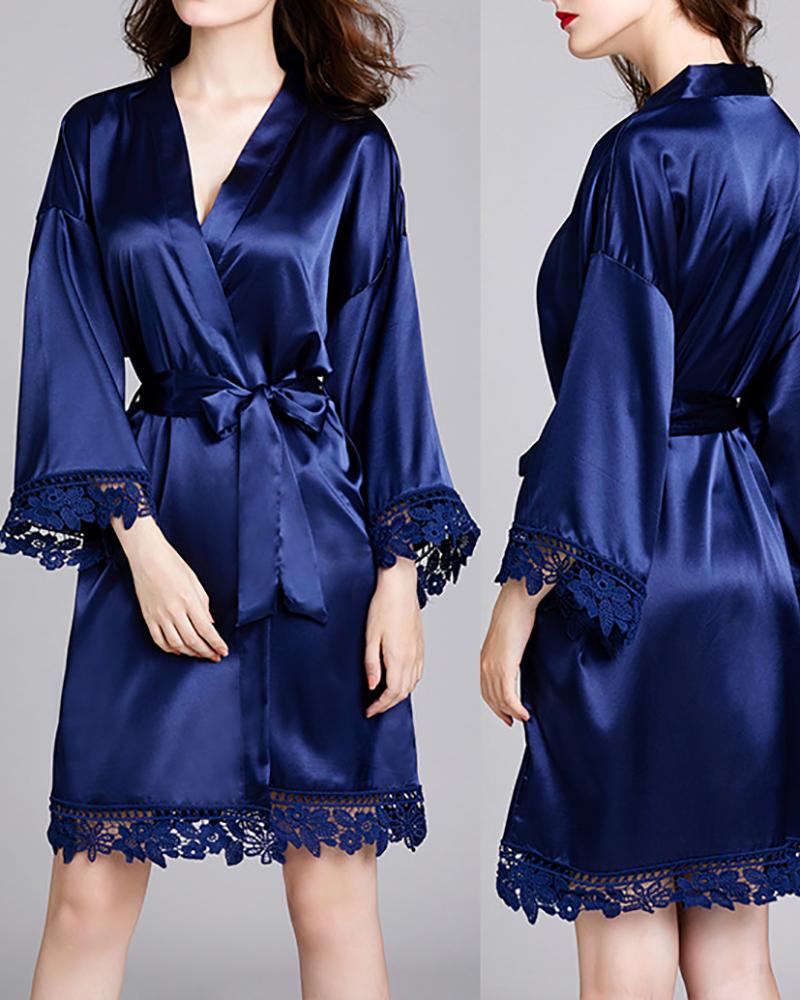 

Guipure Lace Patch Satin Tied Detail Lounge Robe, Purplish blue