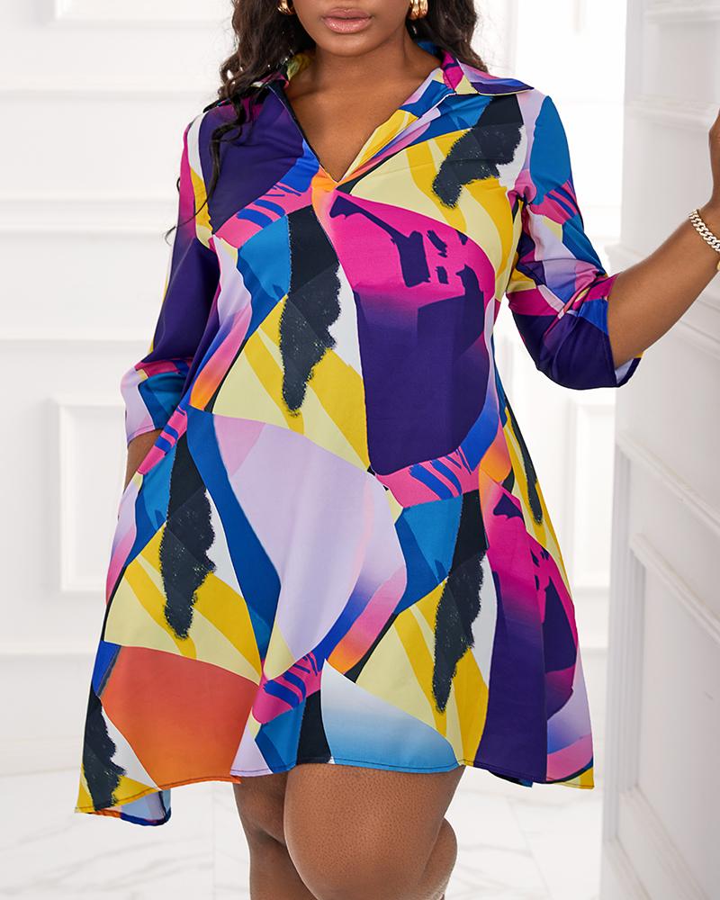 

Plus Size Abstract Geometric Print Long Sleeve Dress, Multicolor