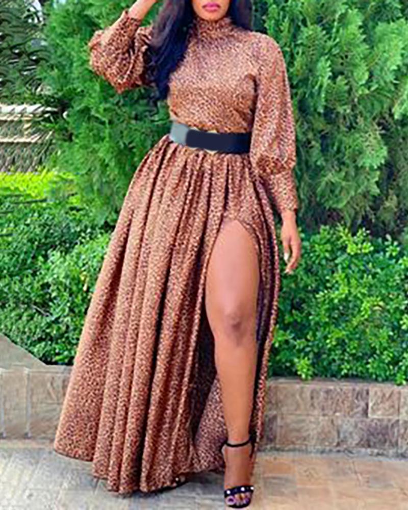 

Plus Size Cheetah Print Lantern Sleeve Slit Pleated Maxi Dress, Leopard
