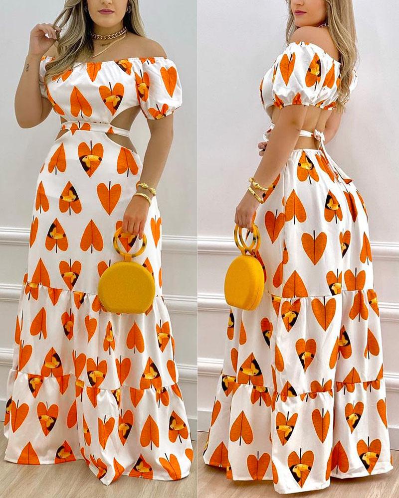 

Heart Print Off Shoulder Cutout Tie Back Maxi Dress, White