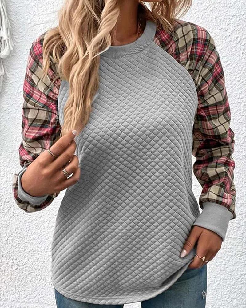 

Plaid Print Long Sleeve Textured Sweatshirt, Gray