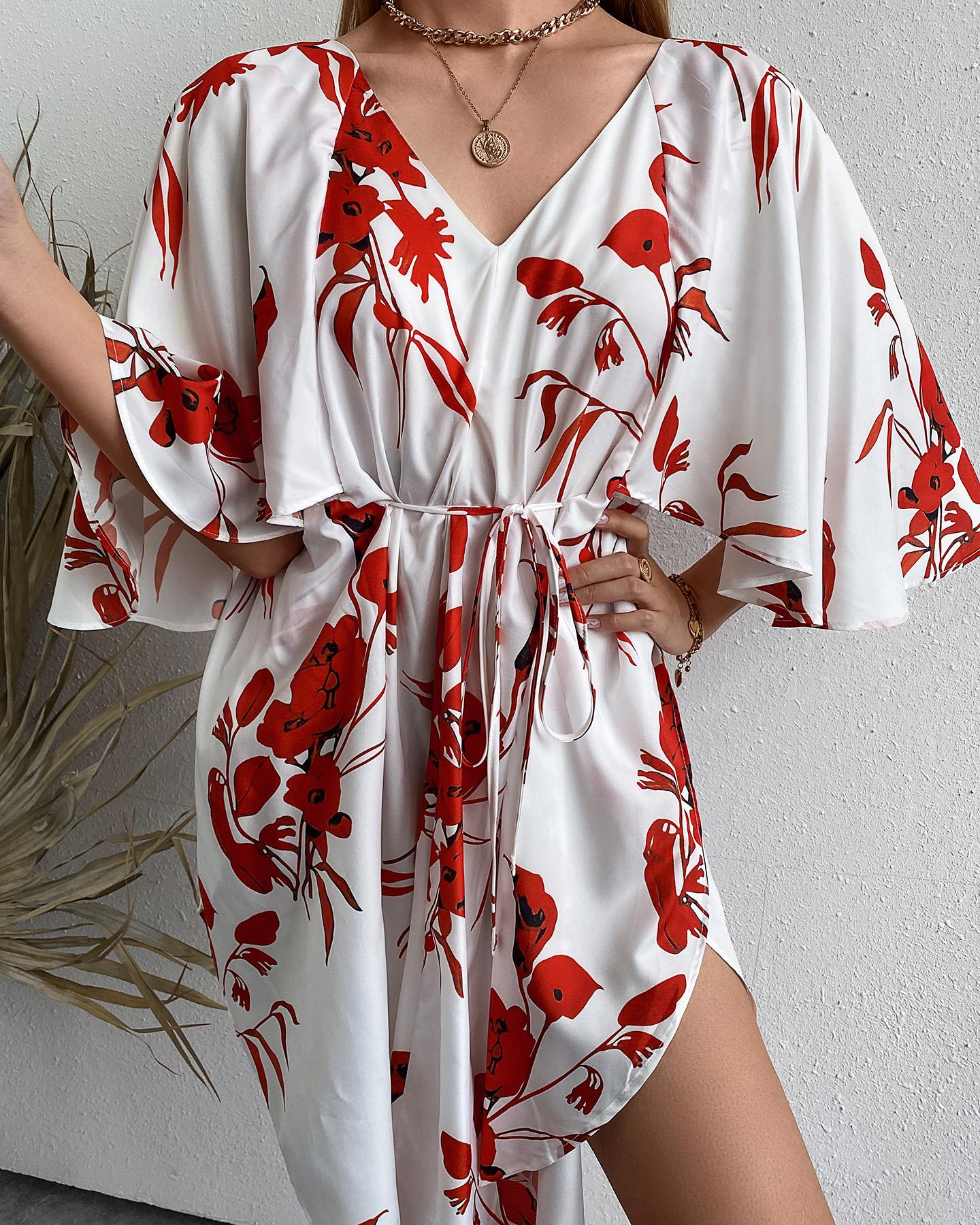 

Floral Print V-Neck Asymmetrical Tie Front Mini Dress, Red